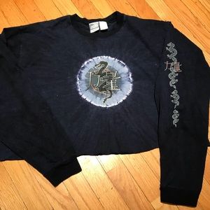 Dragon and Asian lettering raw hem cropped tee